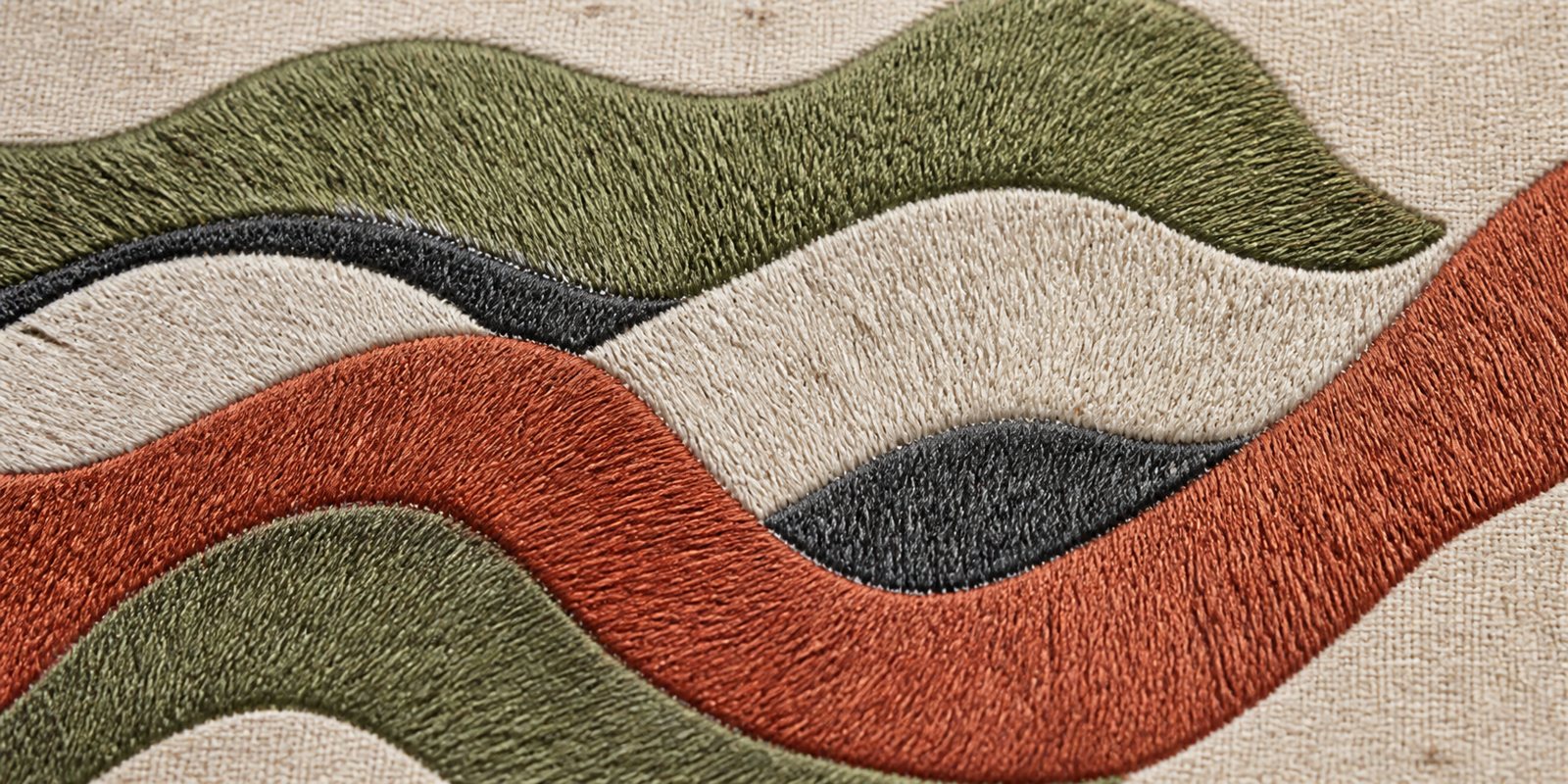 Macro of dense embroidery: terracotta, olive and graphite thread waves