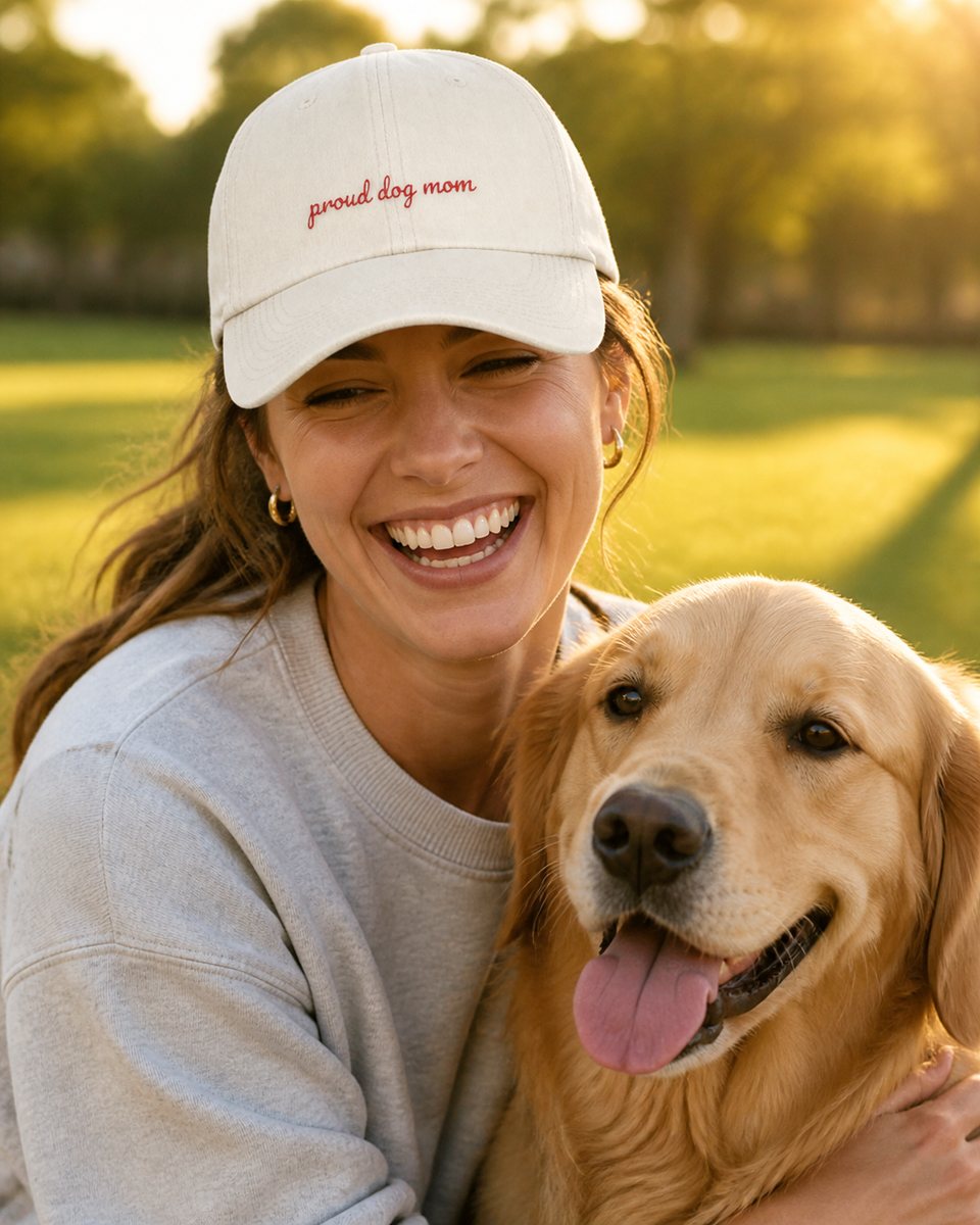 A smiling woman in a cream cap embroidered with proud dog mom, her golden retriever beside her