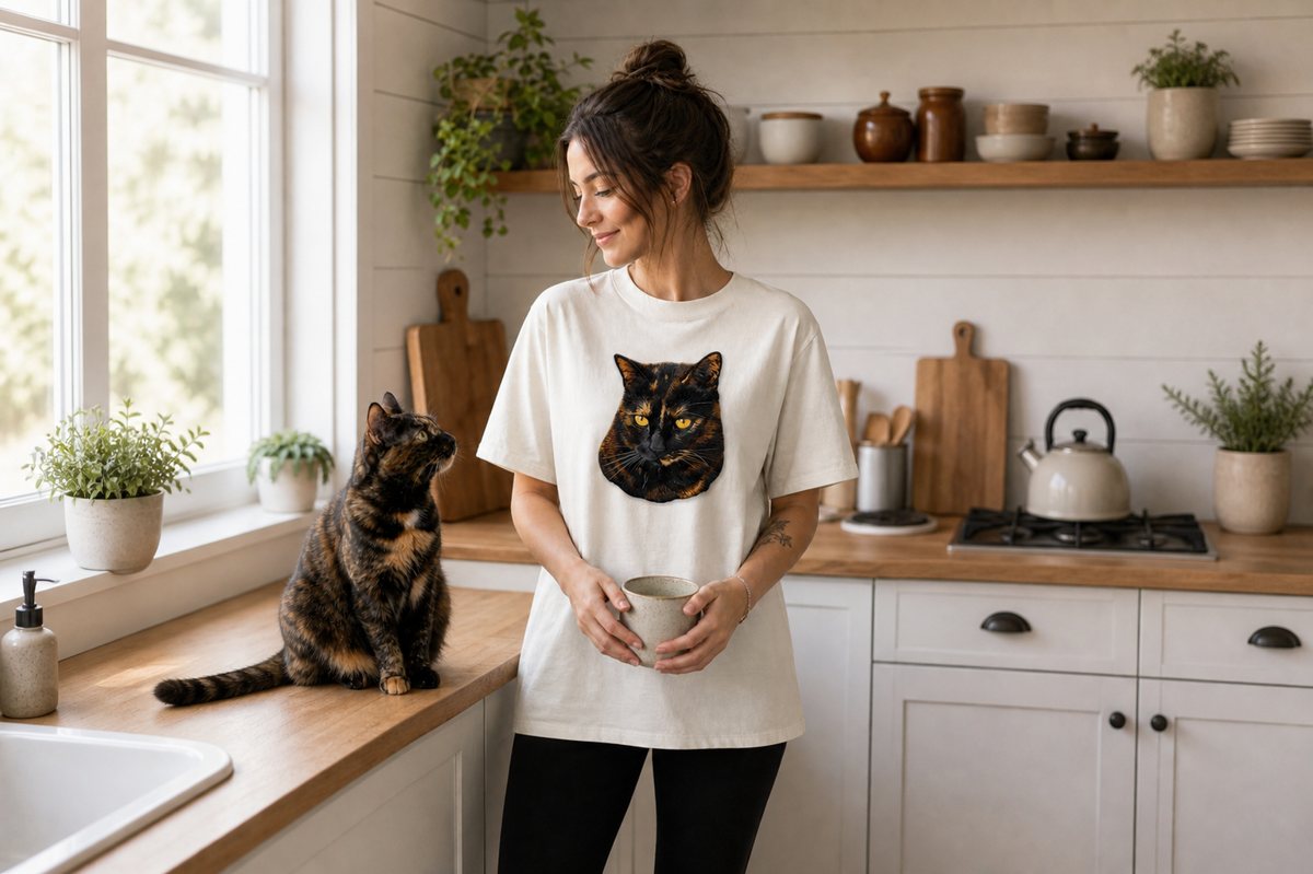 A woman in a kitchen wearing a tee with her tortoiseshell cat embroidered on it, the cat sitting beside her