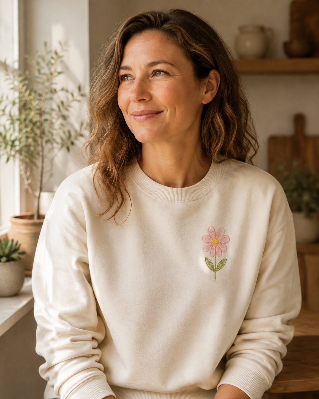 A woman in a natural crewneck with a child's flower drawing embroidered on the chest