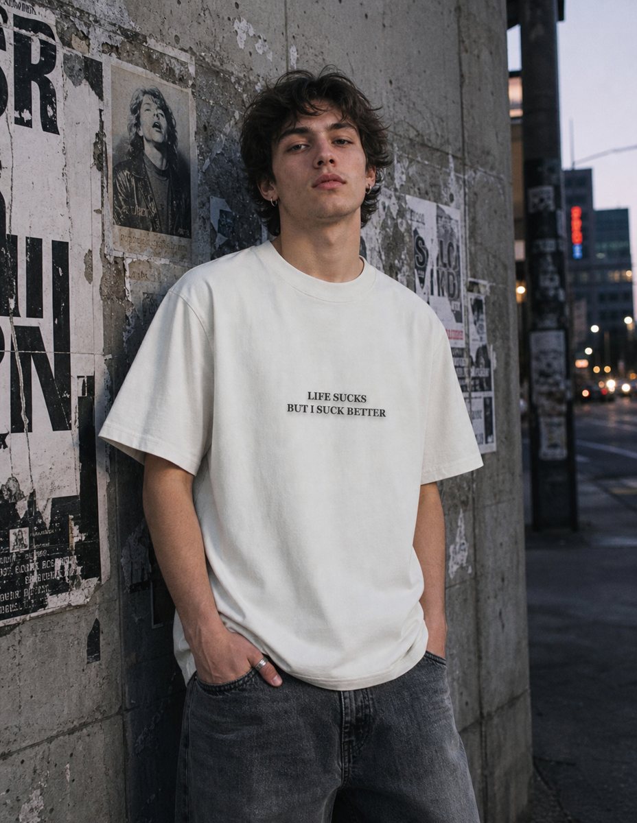 A young guy against a poster wall in a tee with embroidered serif lettering