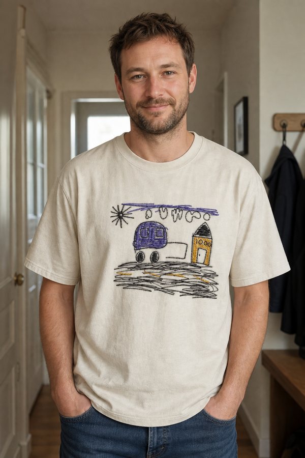 A dad in his hallway wearing a tee with his kid's crayon drawing embroidered across the chest