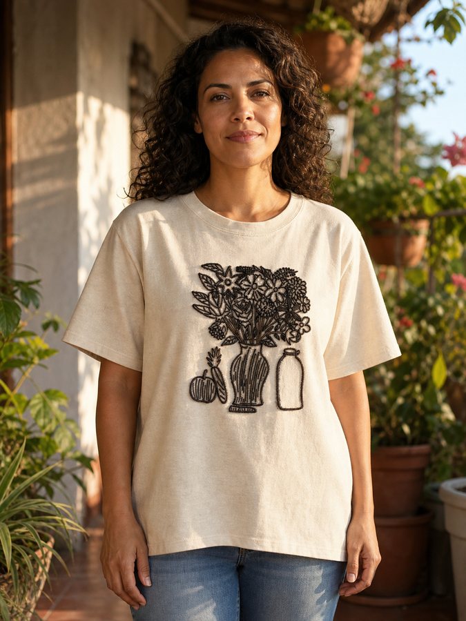 A woman on a sunlit porch among her plants, in a tee with a child's flower drawing embroidered on it