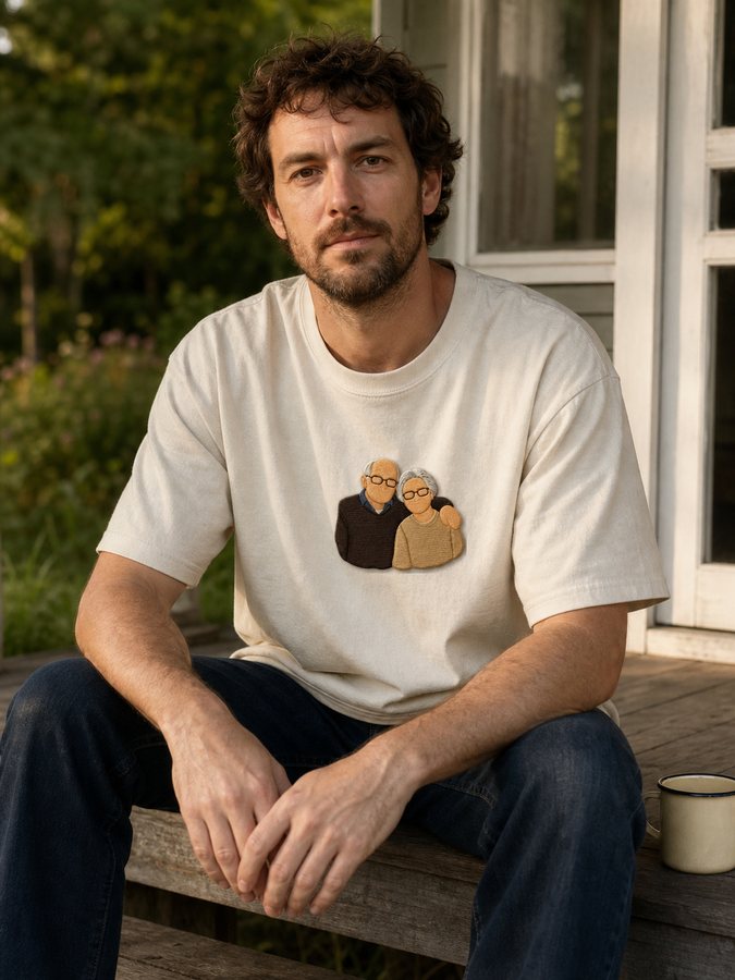 A man on porch steps in a tee with an older couple embroidered on the chest