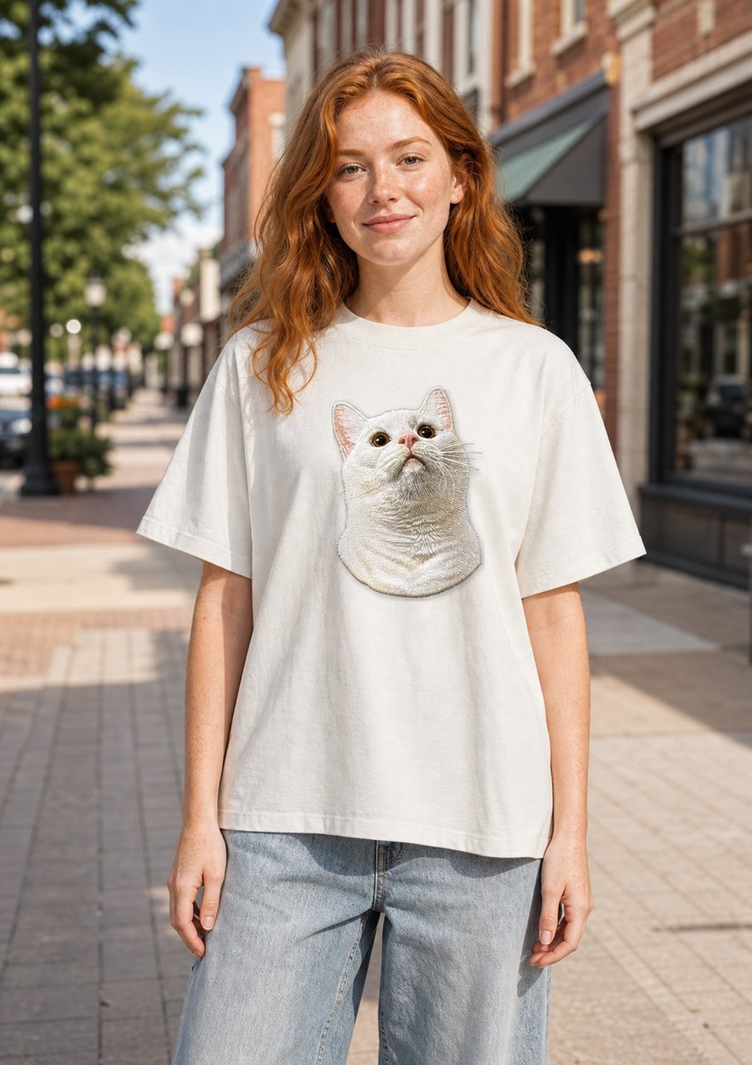 A redheaded girl on a small-town street wearing a natural tee with an embroidered cat