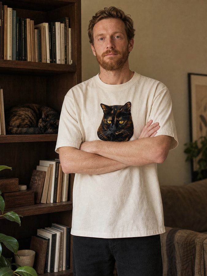A man by a bookshelf in a tee with his tortoiseshell cat embroidered on it, the cat asleep on a shelf behind him