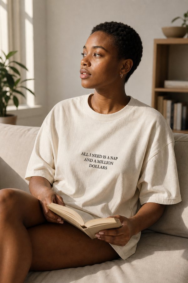 A woman reading on a sofa in a tee with an embroidered line of text