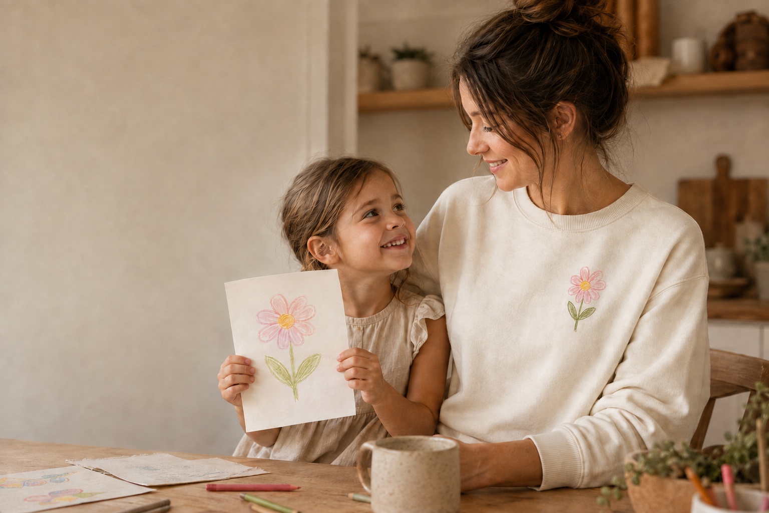 A mother in a natural sweatshirt embroidered with the flower drawing her daughter is holding